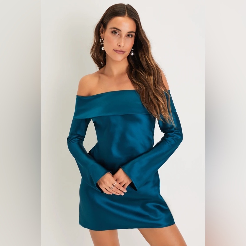 Lulus Luxurious Vision Teal Satin Off-the-Shoulder Mini
Dress - Picture 2 of 7